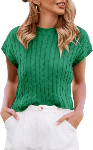 Saodimallsu Womens Summer Crewneck Crop Tops Casual Loose Fit Cable Knit Pullover Sweater