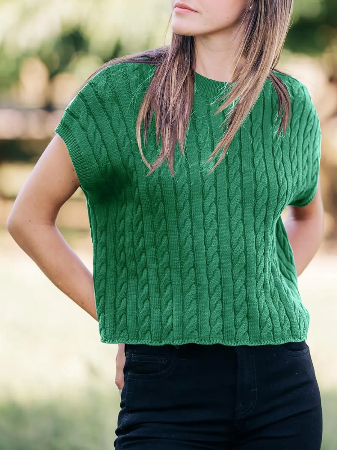 Saodimallsu Womens Summer Crewneck Crop Tops Casual Loose Fit Cable Knit Pullover Sweater