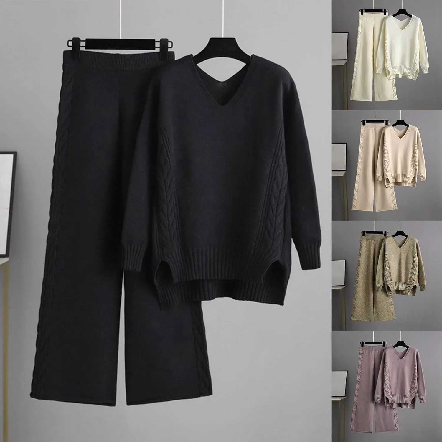 sdbrld Lounge Sets for Women 2 Piece,Womens Lounge Sets Long Sleeve V Neck Knitted Sweater Wide Leg Pants Lounge Sets Outfits