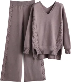 sdbrld Lounge Sets for Women 2 Piece,Womens Lounge Sets Long Sleeve V Neck Knitted Sweater Wide Leg Pants Lounge Sets Outfits