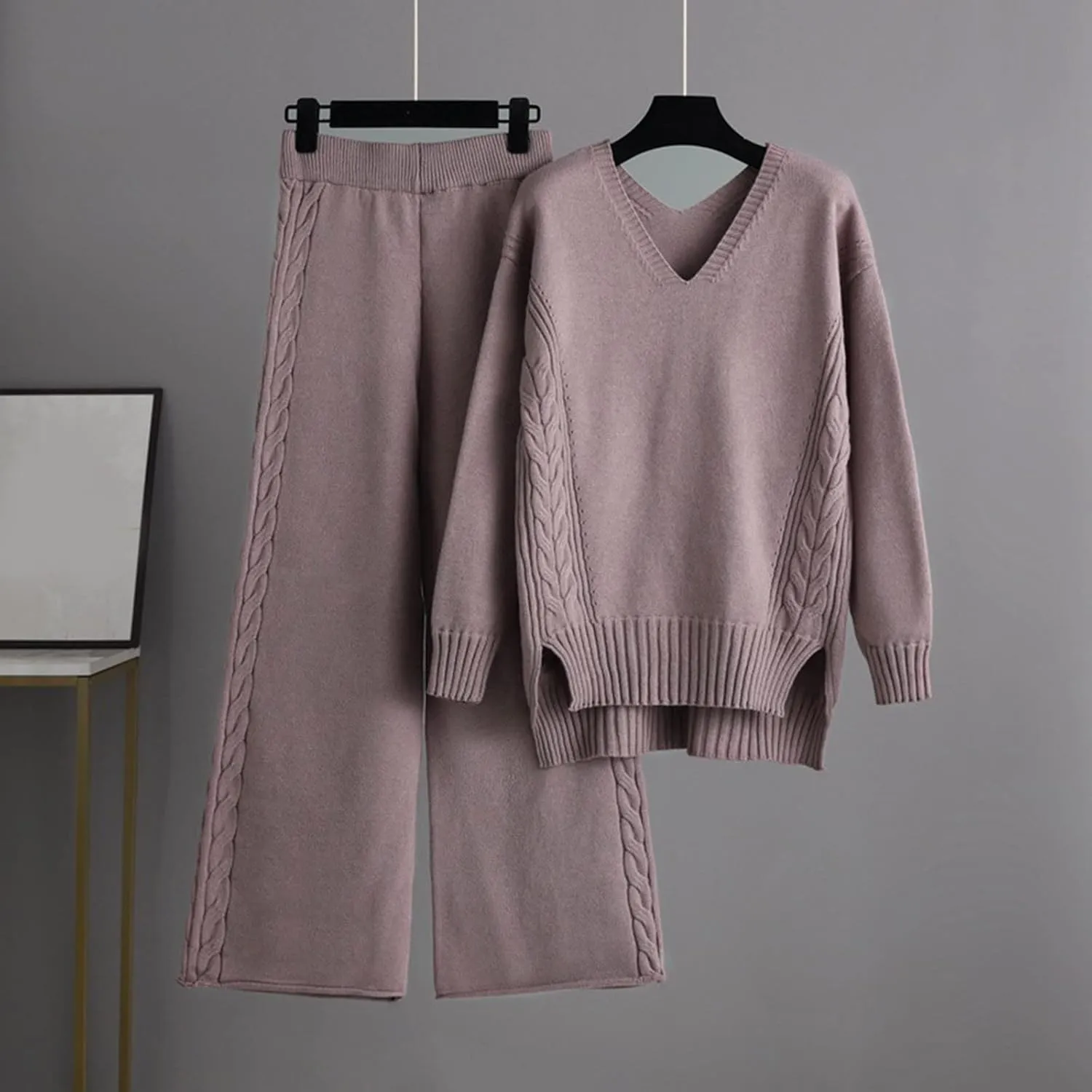 sdbrld Lounge Sets for Women 2 Piece,Womens Lounge Sets Long Sleeve V Neck Knitted Sweater Wide Leg Pants Lounge Sets Outfits