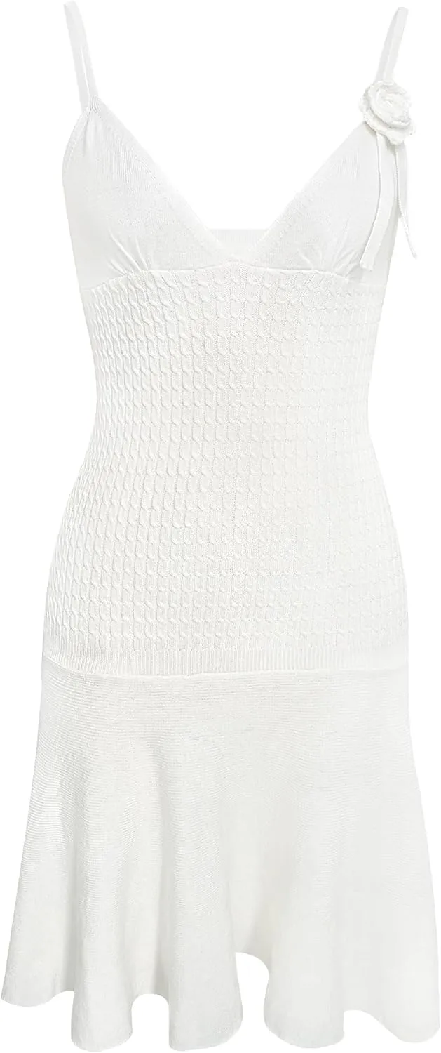 Sexy Sling Dress for Women V-Neck Backless Flower Knit Pleated Beach Casual Vacation Party Mini Dresses