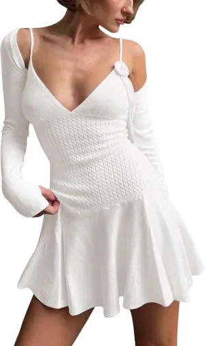 Sexy Sling Dress for Women V-Neck Backless Flower Knit Pleated Beach Casual Vacation Party Mini Dresses