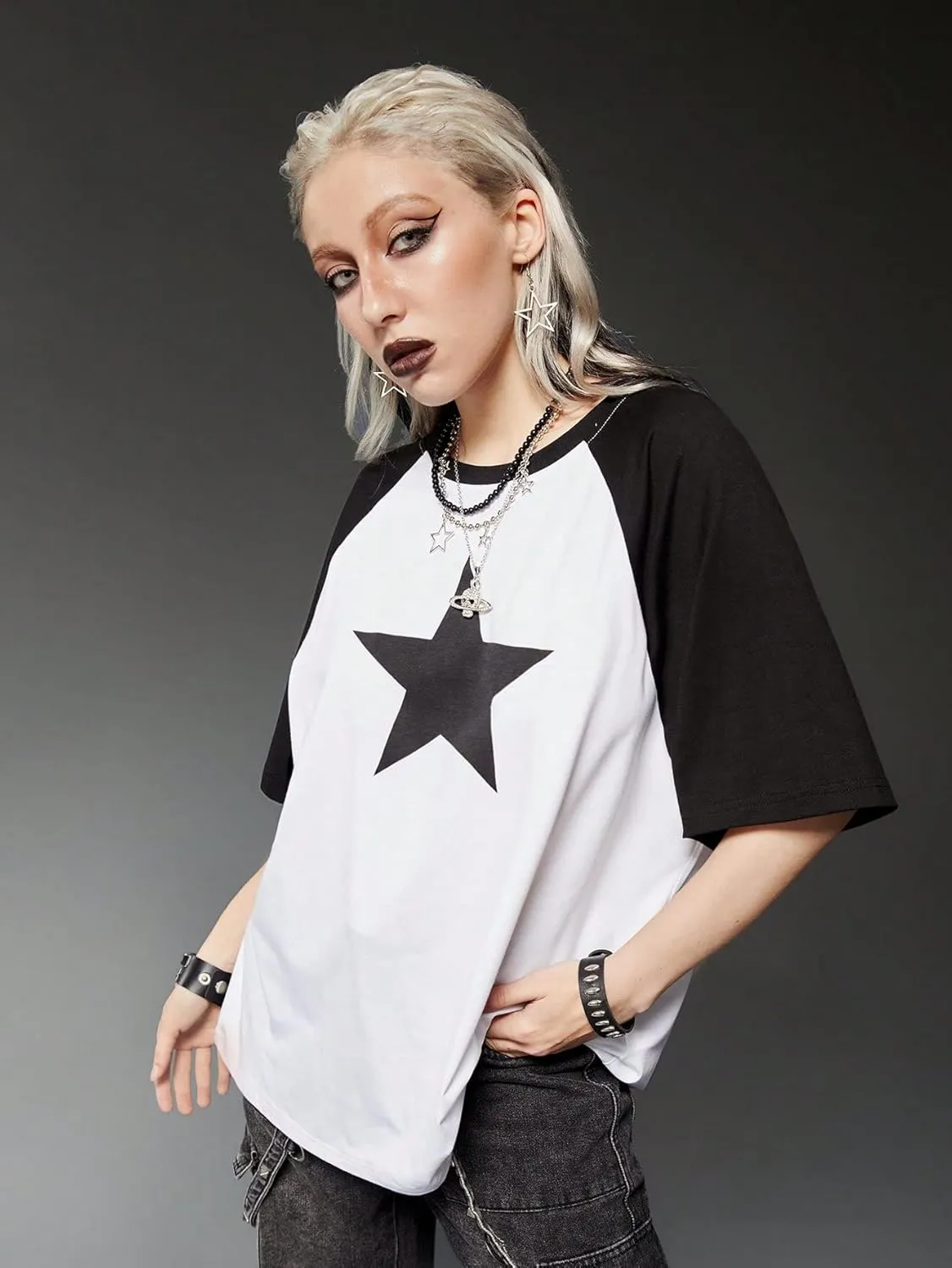 SHENHE Women's Graphic Half Sleeve Drop Shoulder Crewneck Oversized T Shirt Tops