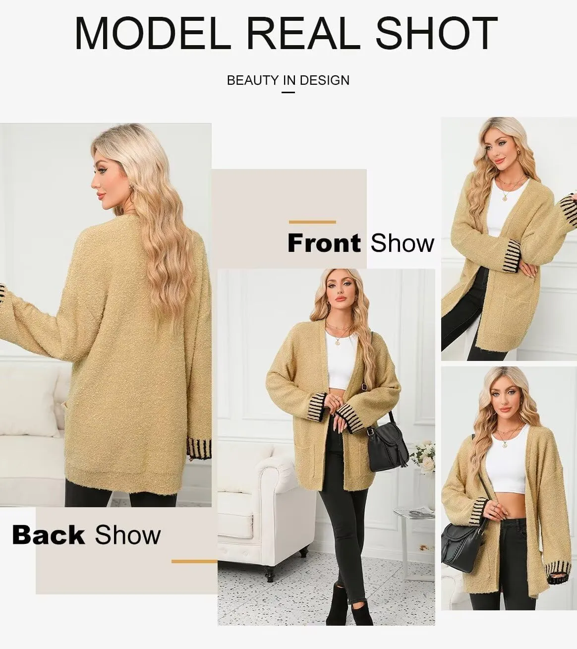 SHEWIN Women Cardigan Sweaters 2024 Open Front Long Sleeve Knit Coat with Pocket