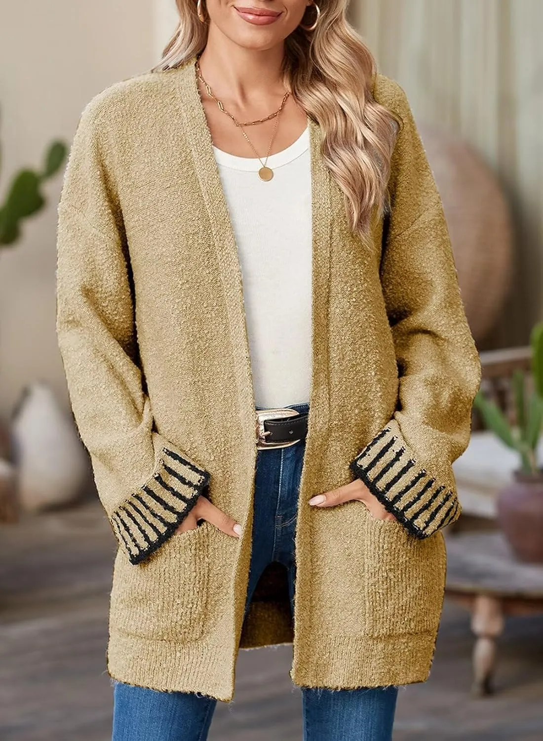 SHEWIN Women Cardigan Sweaters 2024 Open Front Long Sleeve Knit Coat with Pocket