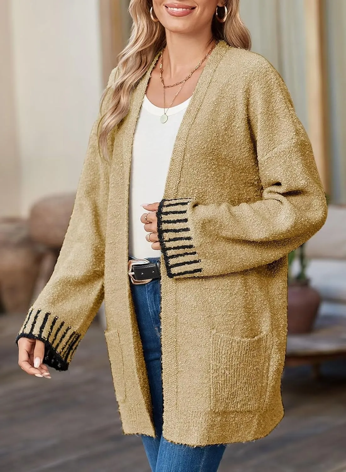 SHEWIN Women Cardigan Sweaters 2024 Open Front Long Sleeve Knit Coat with Pocket