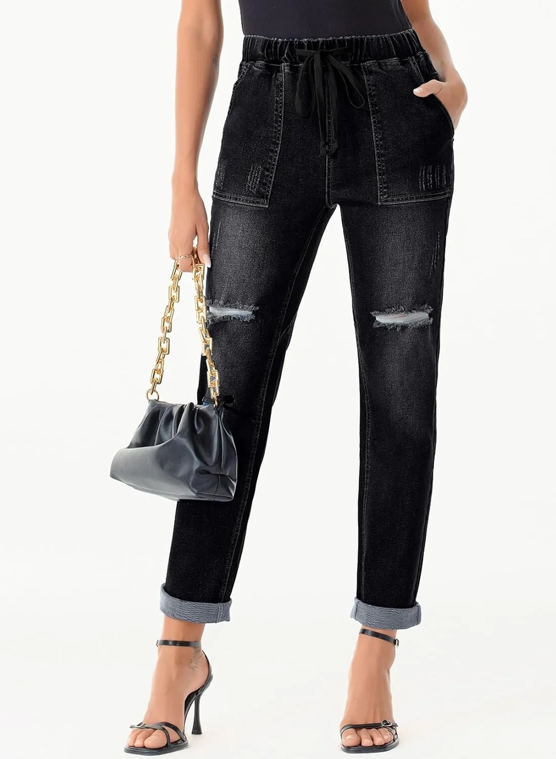 Sidefeel Womens High Waisted Drawstring Jeans Pull On Cargo Joggers Zimbaplatinum Ripped Elastic Waist Denim Pants