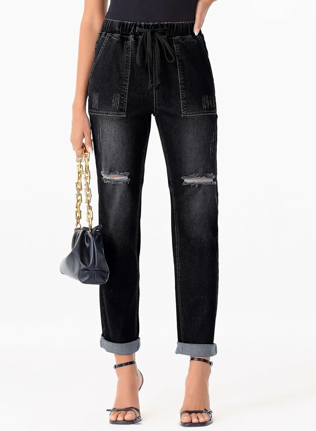 Sidefeel Womens High Waisted Drawstring Jeans Pull On Cargo Joggers Zimbaplatinum Ripped Elastic Waist Denim Pants