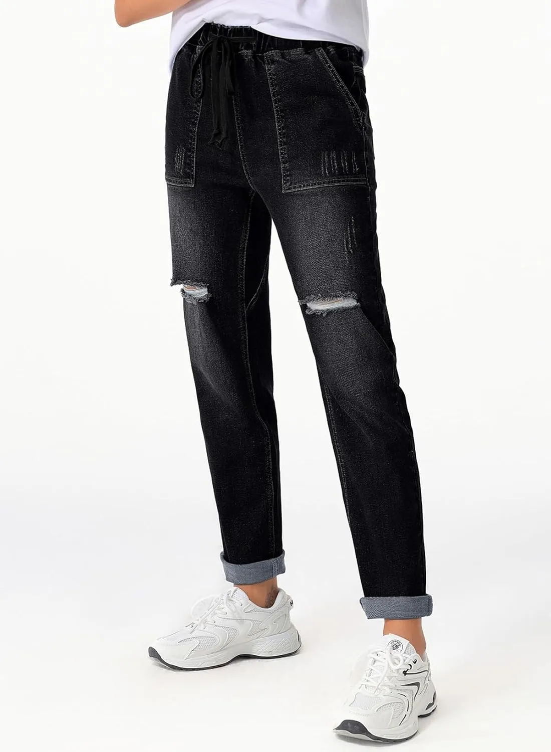 Sidefeel Womens High Waisted Drawstring Jeans Pull On Cargo Joggers Zimbaplatinum Ripped Elastic Waist Denim Pants