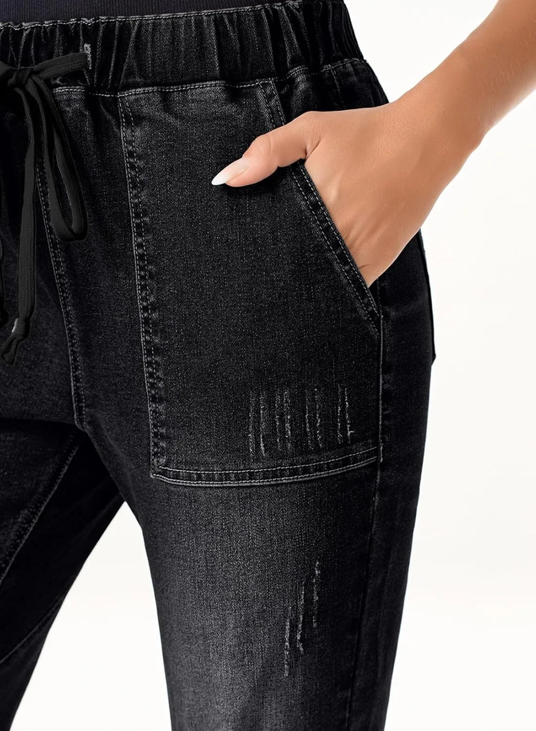 Sidefeel Womens High Waisted Drawstring Jeans Pull On Cargo Joggers Zimbaplatinum Ripped Elastic Waist Denim Pants