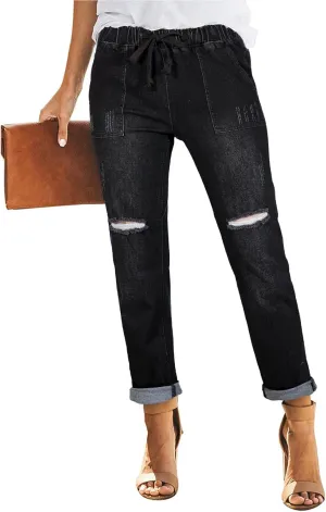 Sidefeel Womens High Waisted Drawstring Jeans Pull On Cargo Joggers Zimbaplatinum Ripped Elastic Waist Denim Pants