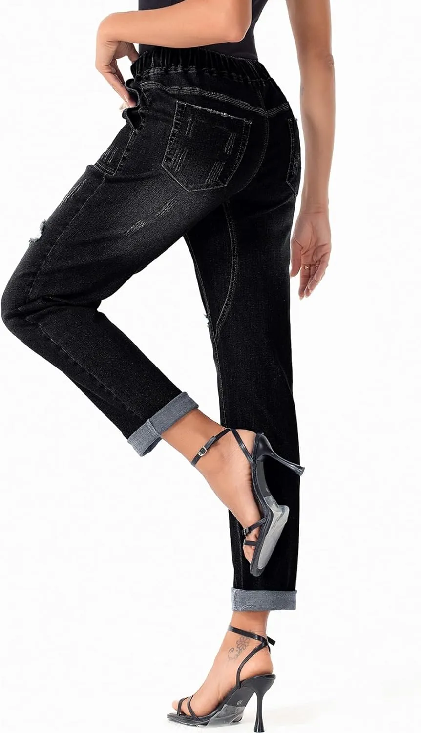 Sidefeel Womens High Waisted Drawstring Jeans Pull On Cargo Joggers Zimbaplatinum Ripped Elastic Waist Denim Pants