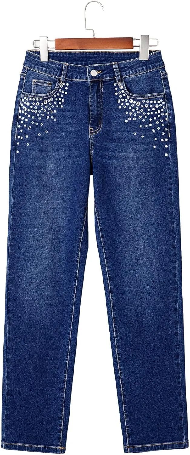Sidefeel Women's Straight Leg Jeans High Waisted Stretchy Rhinestone Wide Leg Denim Pants
