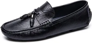 Smoking Loafer Shoes for Men Tassel Genuine Leather Round Toe Stitching Details Flexible Resistant Comfortable Walking Slip On for Any Attire
