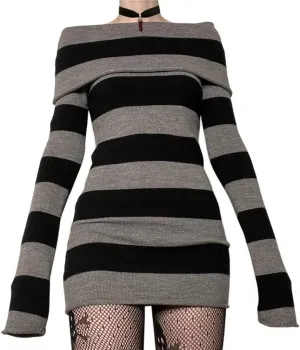 SOLILOQUY Women Gothic Dress Punk Off Shoulder Striped Knit Dress Y2k Fairy Grunge Dress Halloween Dark Academia Clothes