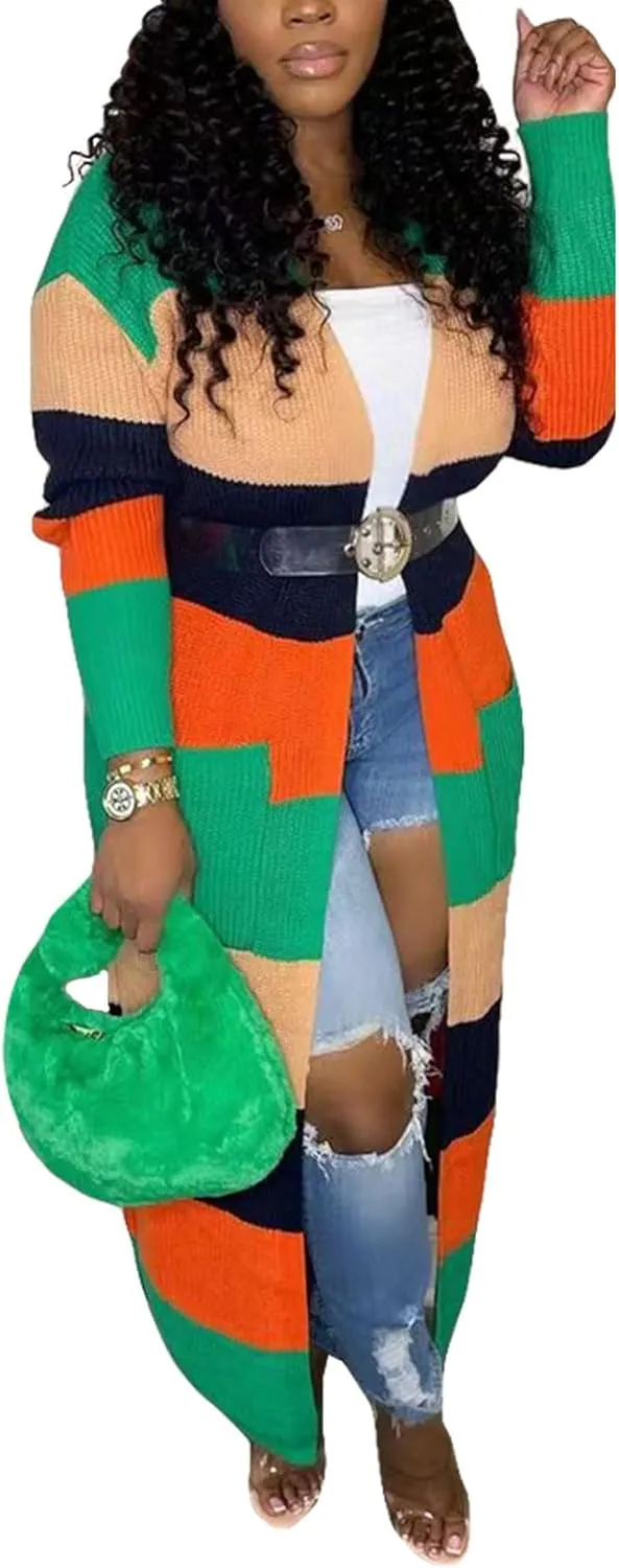 SOMTHRON Women's Fall Cardigan Sweater Open Front Color Block Striped Knit Long Draped Coat Duster Outerwear