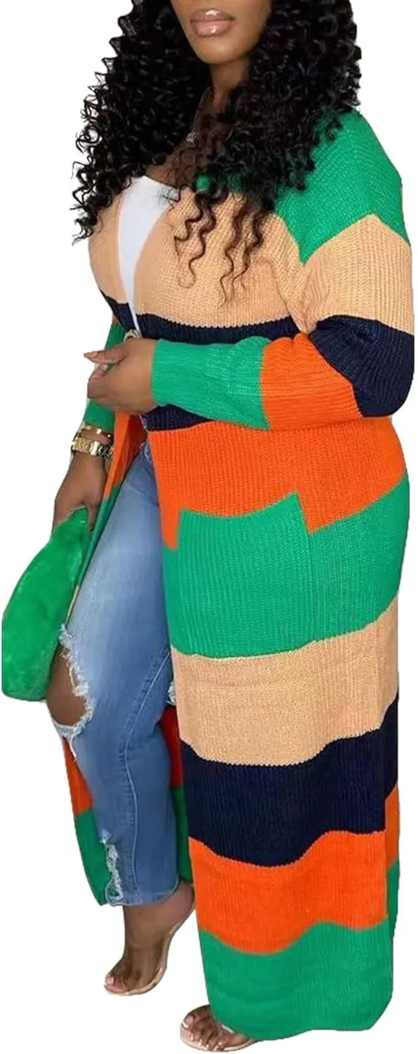 SOMTHRON Women's Fall Cardigan Sweater Open Front Color Block Striped Knit Long Draped Coat Duster Outerwear