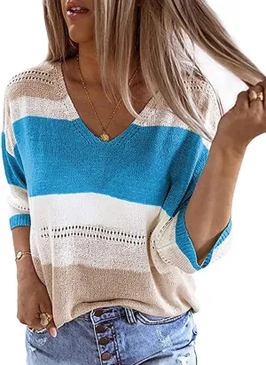 SOMTHRON Women's Summer Color Block Striped Sweaters 3/4 Sleeve Lightweight Comfy Cable Knit Beach Pullover Tops