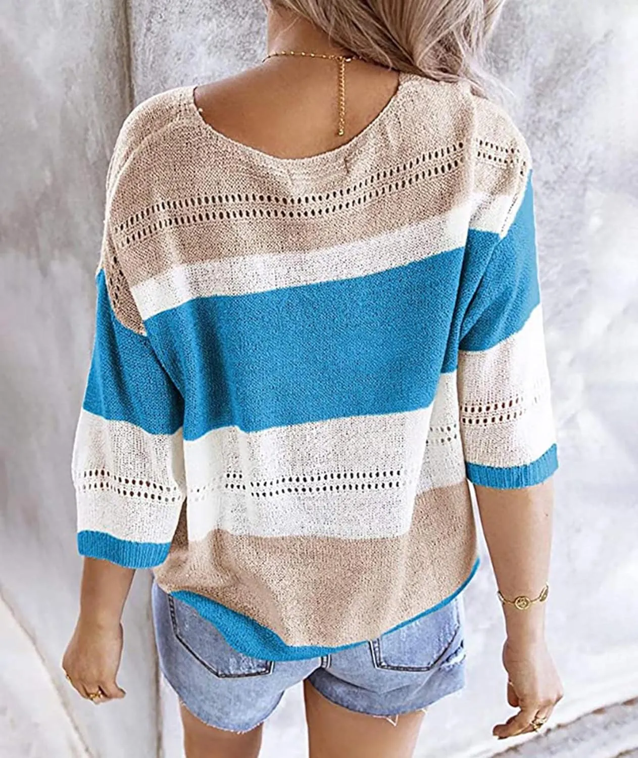SOMTHRON Women's Summer Color Block Striped Sweaters 3/4 Sleeve Lightweight Comfy Cable Knit Beach Pullover Tops