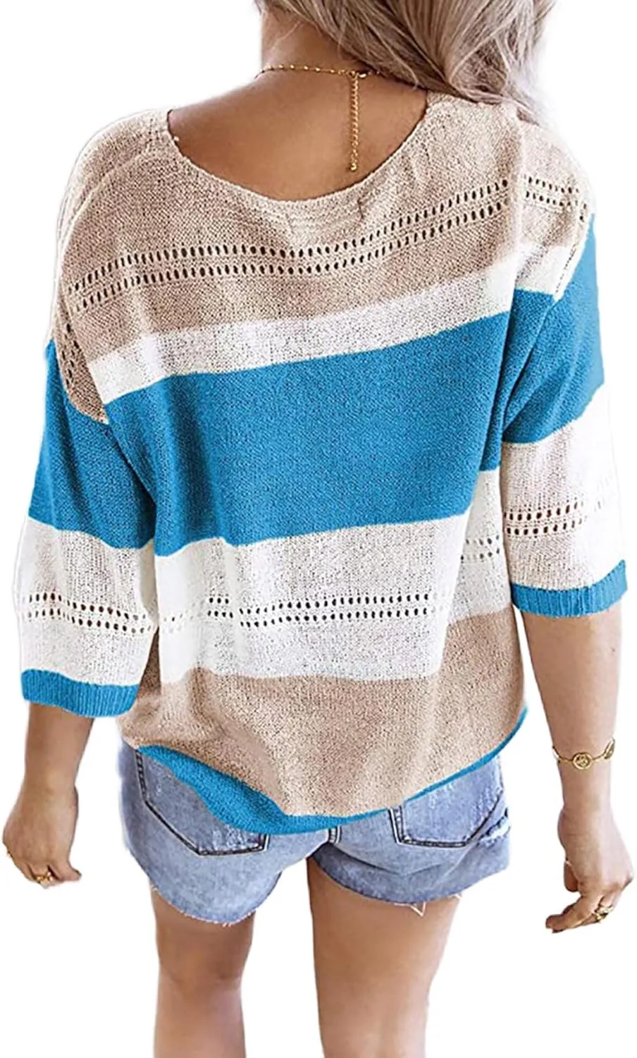 SOMTHRON Women's Summer Color Block Striped Sweaters 3/4 Sleeve Lightweight Comfy Cable Knit Beach Pullover Tops