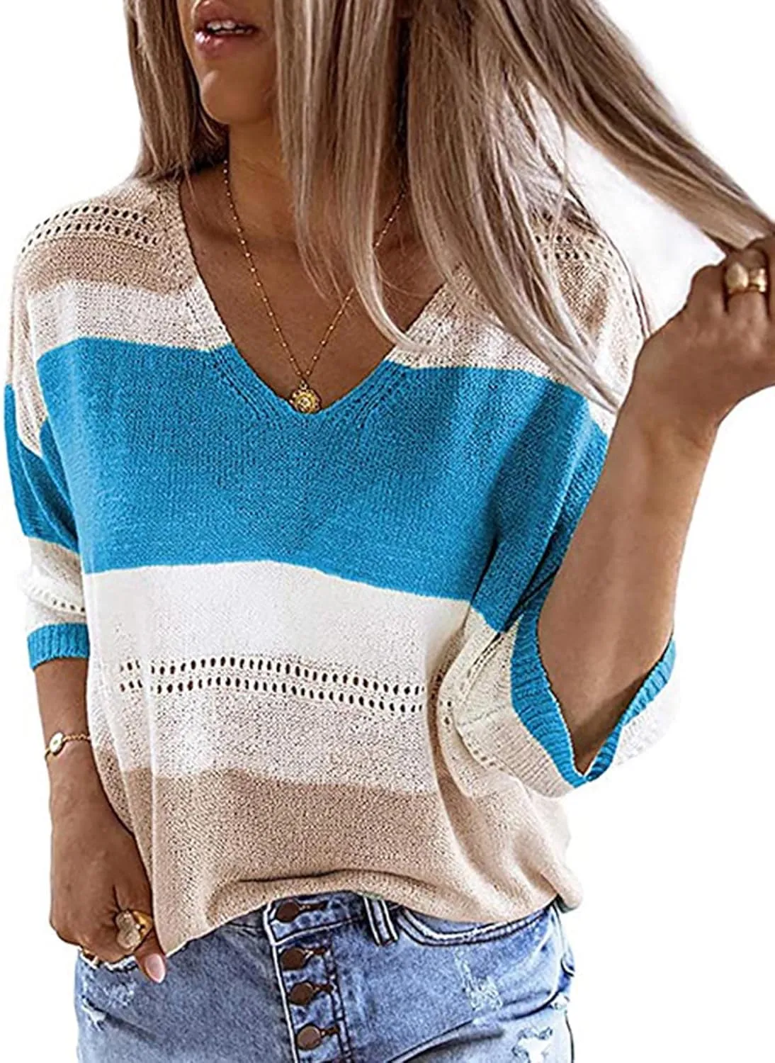 SOMTHRON Women's Summer Color Block Striped Sweaters 3/4 Sleeve Lightweight Comfy Cable Knit Beach Pullover Tops