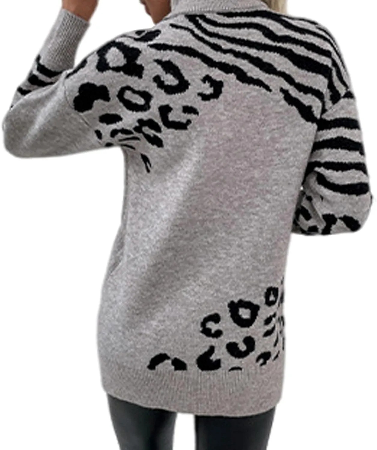 SOMTHRON Women's Turtleneck Leopard Print Sweater Oversized Chunky Knitted Jumper Pullover Tops Casual Sweatshirts