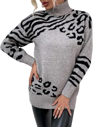 SOMTHRON Women's Turtleneck Leopard Print Sweater Oversized Chunky Knitted Jumper Pullover Tops Casual Sweatshirts