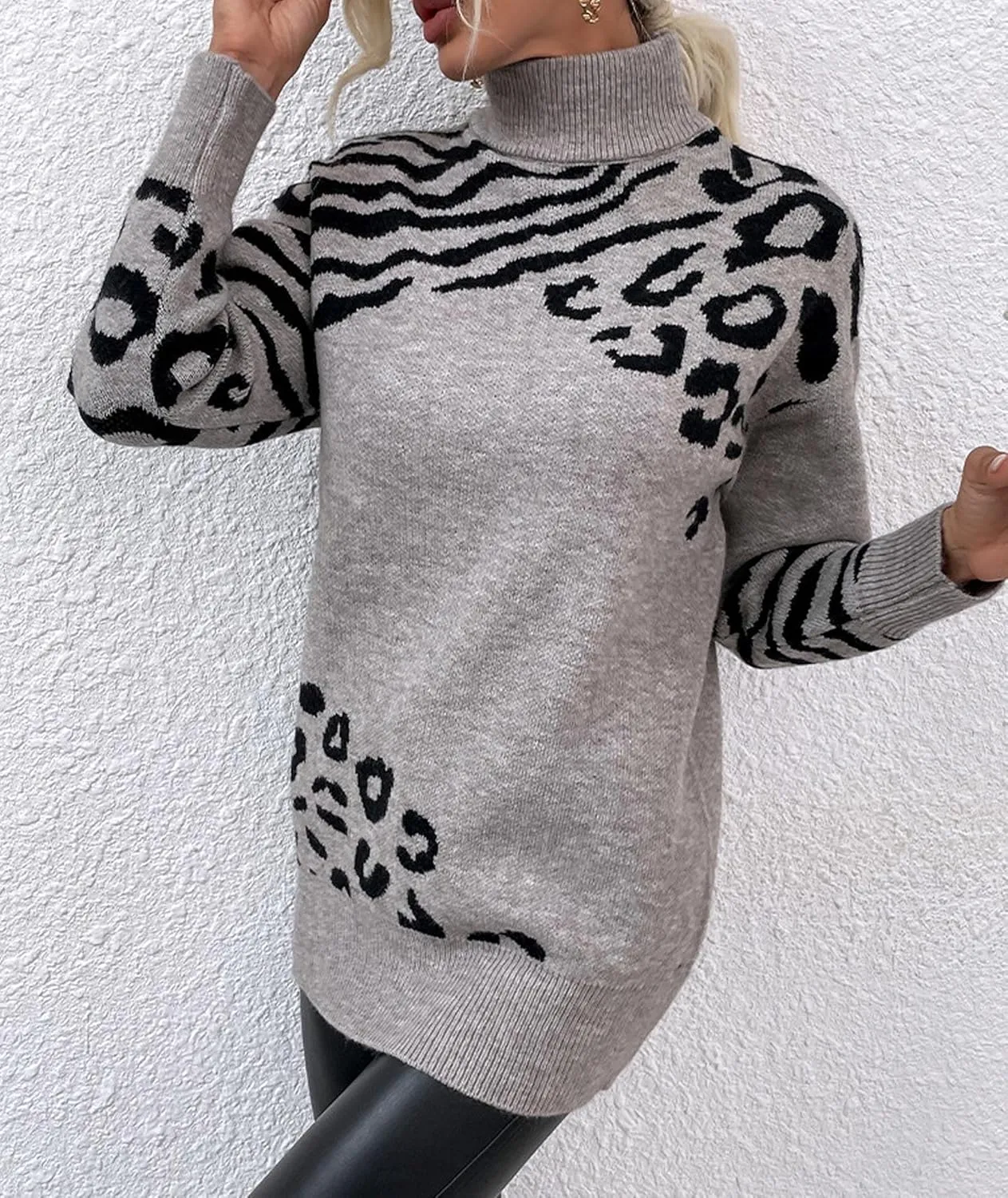SOMTHRON Women's Turtleneck Leopard Print Sweater Oversized Chunky Knitted Jumper Pullover Tops Casual Sweatshirts