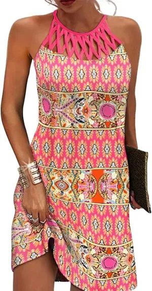 Summer Dresses for Women 2024 Casual Floral Hollow Out Halter Neck A-line Sundresses for Beach Vacation