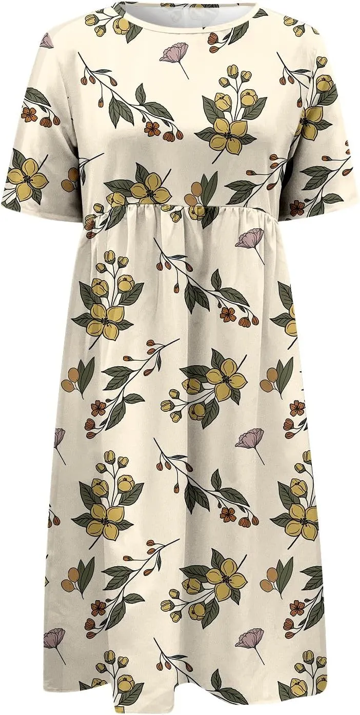 Summer Dresses for Women 2025 Casual Short Sleeve Floral Tshirt Dress Loose Boho Flowy Long Dresses with Pockets