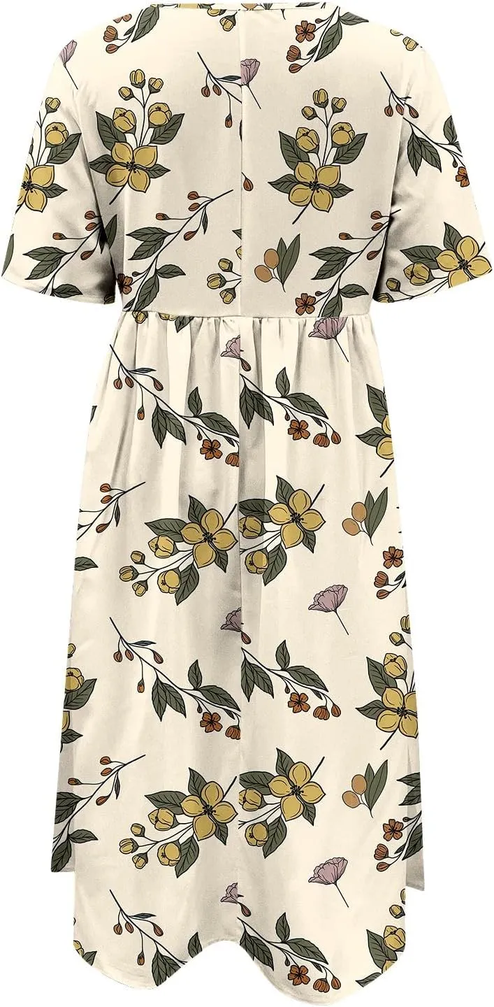 Summer Dresses for Women 2025 Casual Short Sleeve Floral Tshirt Dress Loose Boho Flowy Long Dresses with Pockets