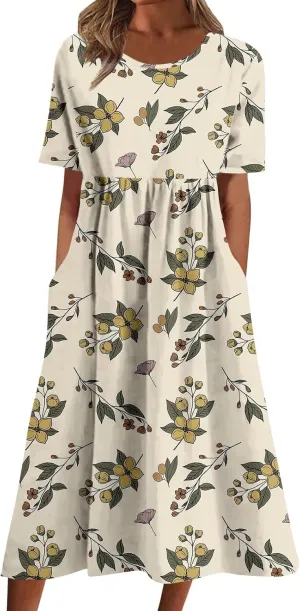 Summer Dresses for Women 2025 Casual Short Sleeve Floral Tshirt Dress Loose Boho Flowy Long Dresses with Pockets