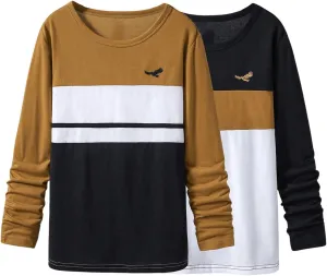 SweatyRocks Boy's 2 Pack Color Block Graphic T Shirts Embroidery Long Sleeve Crewneck Tee Tops