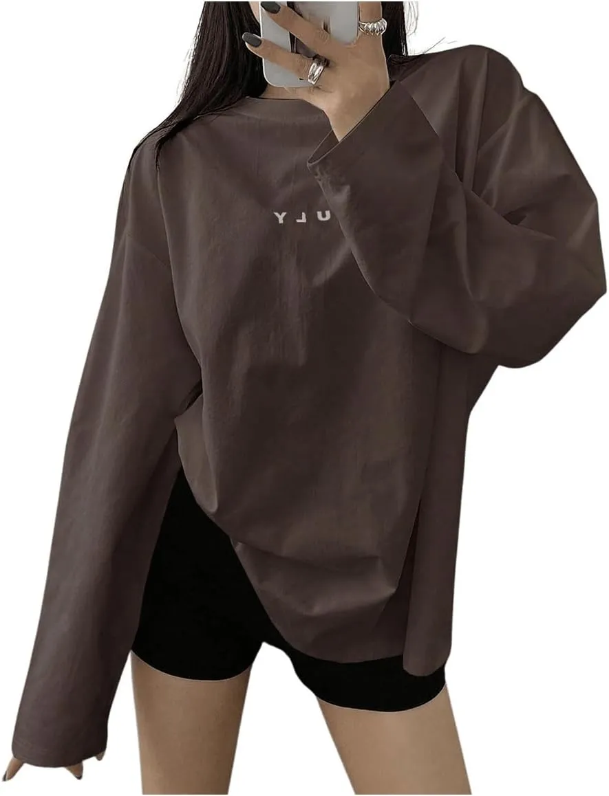 SweatyRocks Women's Oversized Letter Printed Tops Crewneck Drop Shoulder Long Sleeve Casual T-Shirt