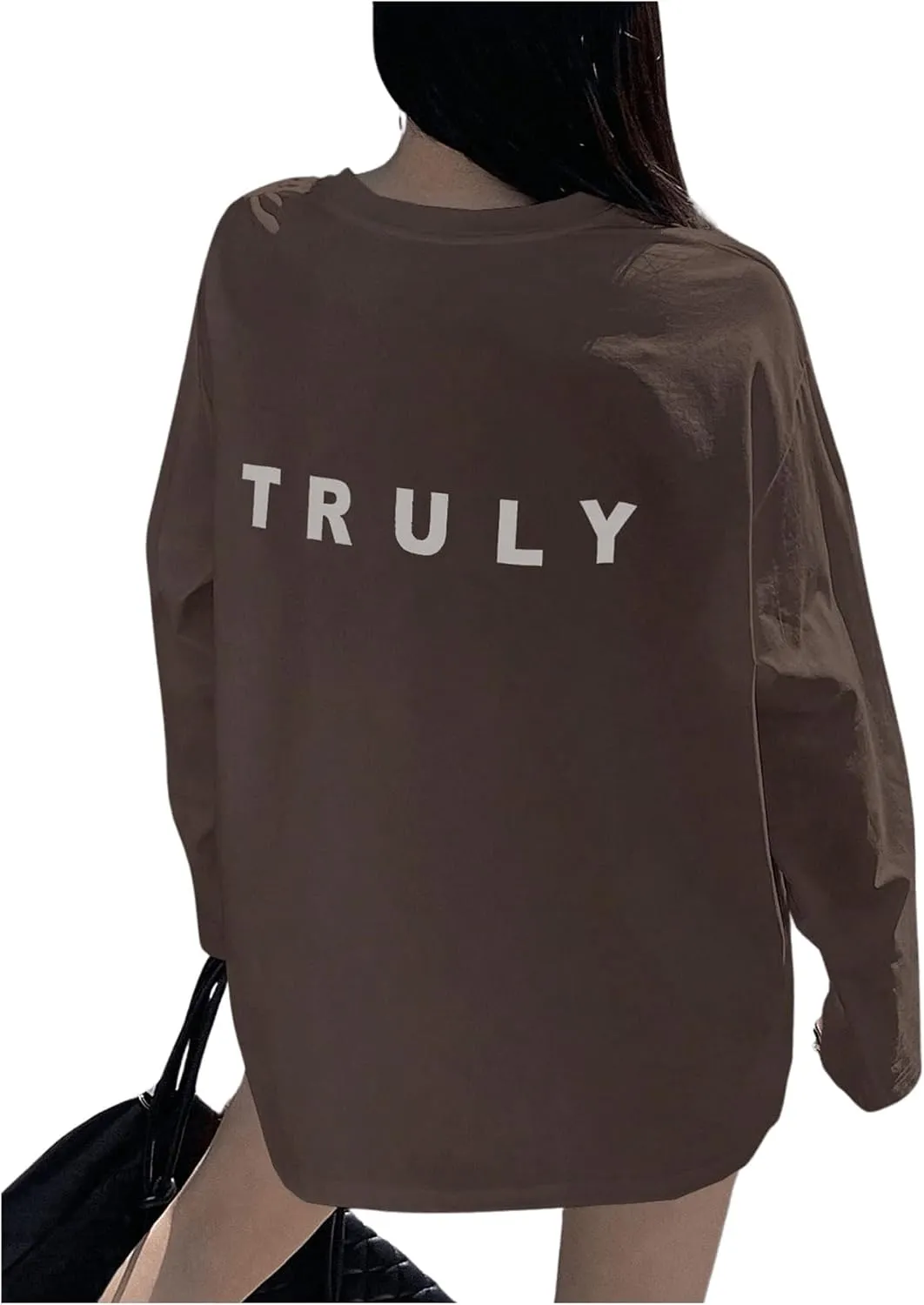 SweatyRocks Women's Oversized Letter Printed Tops Crewneck Drop Shoulder Long Sleeve Casual T-Shirt