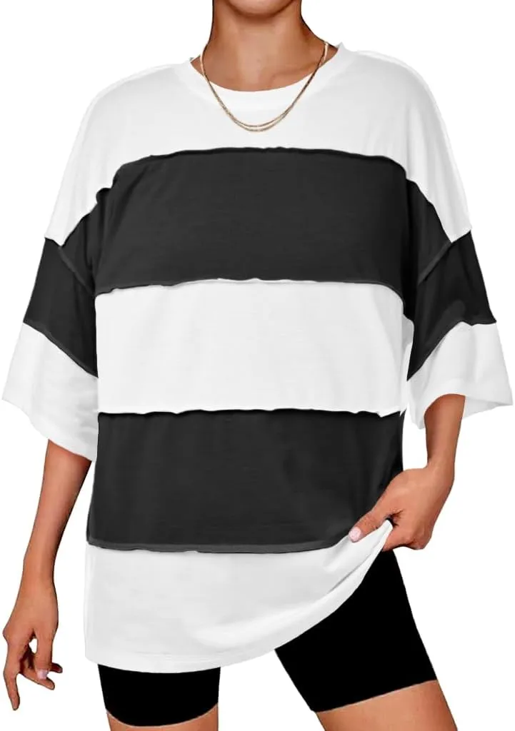 Tankaneo Womens Oversized Color Block Tshirts Half Sleeve Loose Fit Tops Summer Casual Crew Neck Exposed Seam Tee Shirts