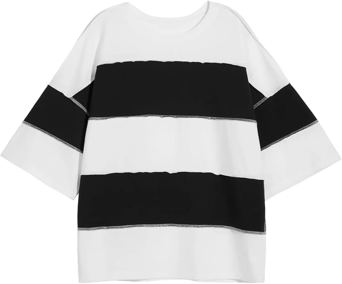 Tankaneo Womens Oversized Color Block Tshirts Half Sleeve Loose Fit Tops Summer Casual Crew Neck Exposed Seam Tee Shirts