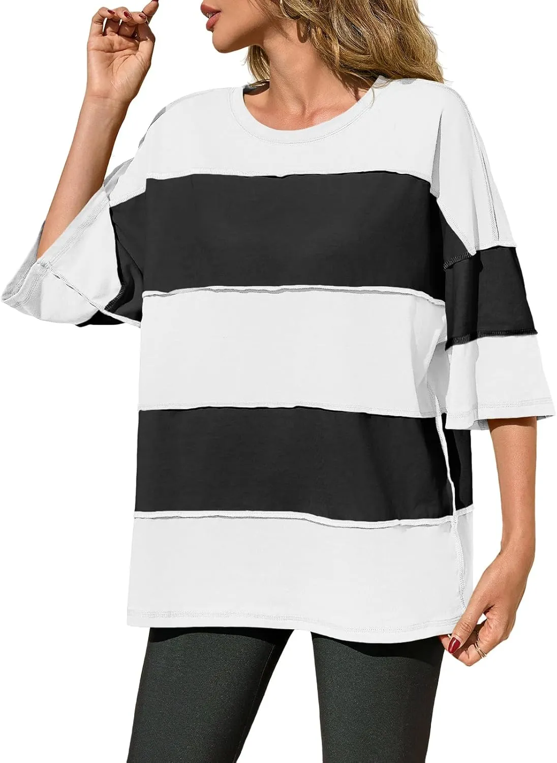 Tankaneo Womens Oversized Color Block Tshirts Half Sleeve Loose Fit Tops Summer Casual Crew Neck Exposed Seam Tee Shirts