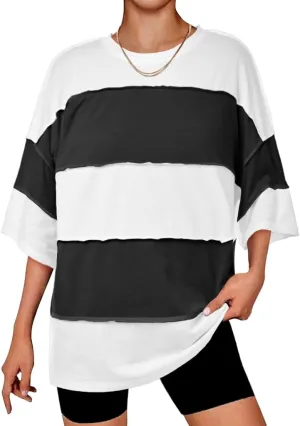 Tankaneo Womens Oversized Color Block Tshirts Half Sleeve Loose Fit Tops Summer Casual Crew Neck Exposed Seam Tee Shirts