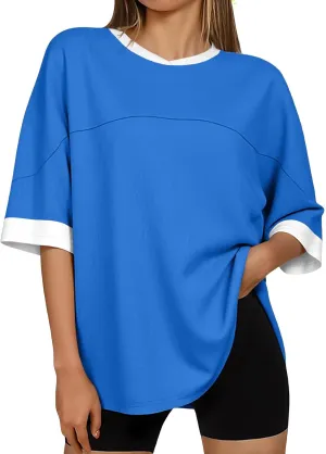 Tankaneo Womens Oversized T Shirts Casual Summer Short Sleeve Color Block Loose Fit Tunic Tops