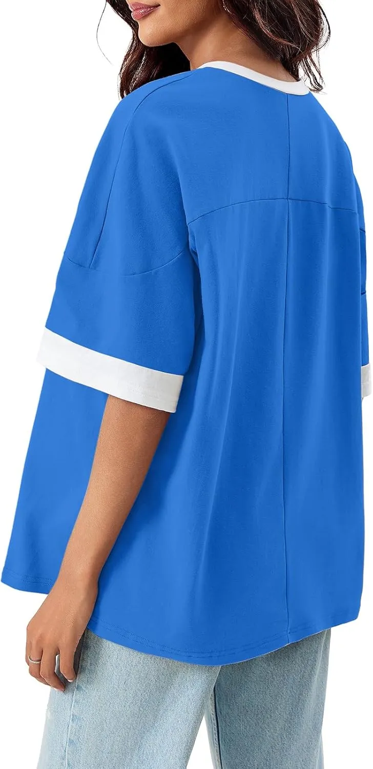 Tankaneo Womens Oversized T Shirts Casual Summer Short Sleeve Color Block Loose Fit Tunic Tops