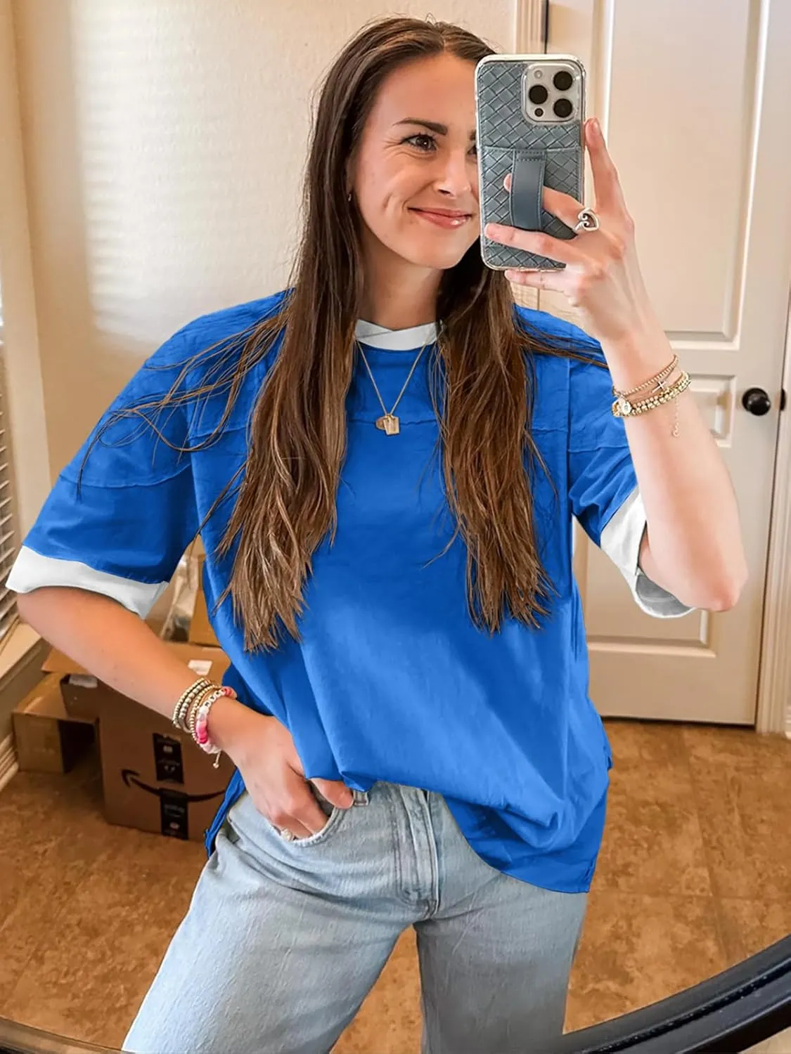 Tankaneo Womens Oversized T Shirts Casual Summer Short Sleeve Color Block Loose Fit Tunic Tops