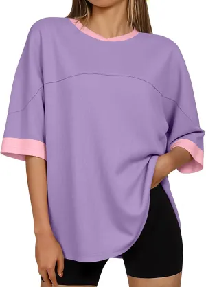 Tankaneo Womens Oversized T Shirts Casual Summer Short Sleeve Color Block Loose Fit Tunic Tops