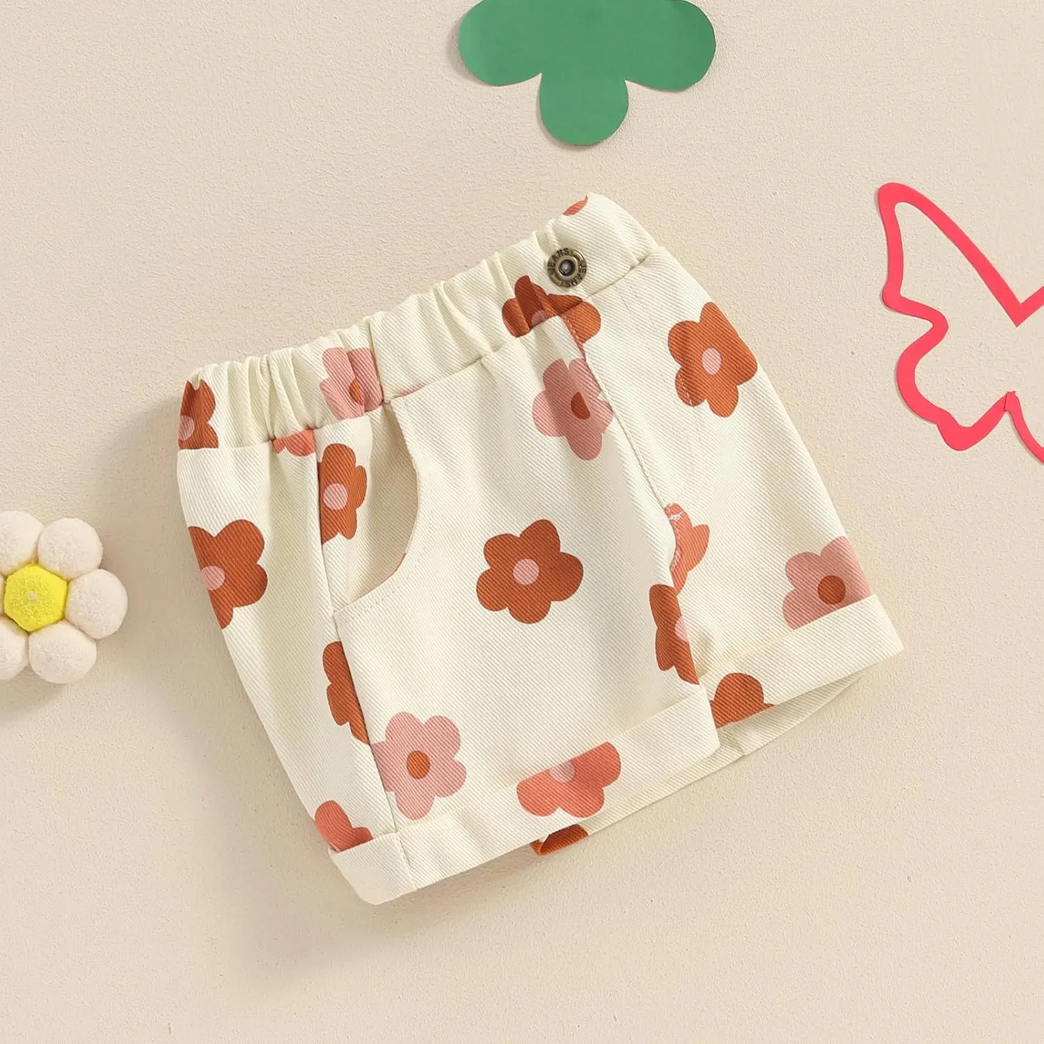 Toddler Baby Girls Floral Shorts Summer Elastic Waist Flower Print Short Jeans Pull On Denim Shorts with Pockets