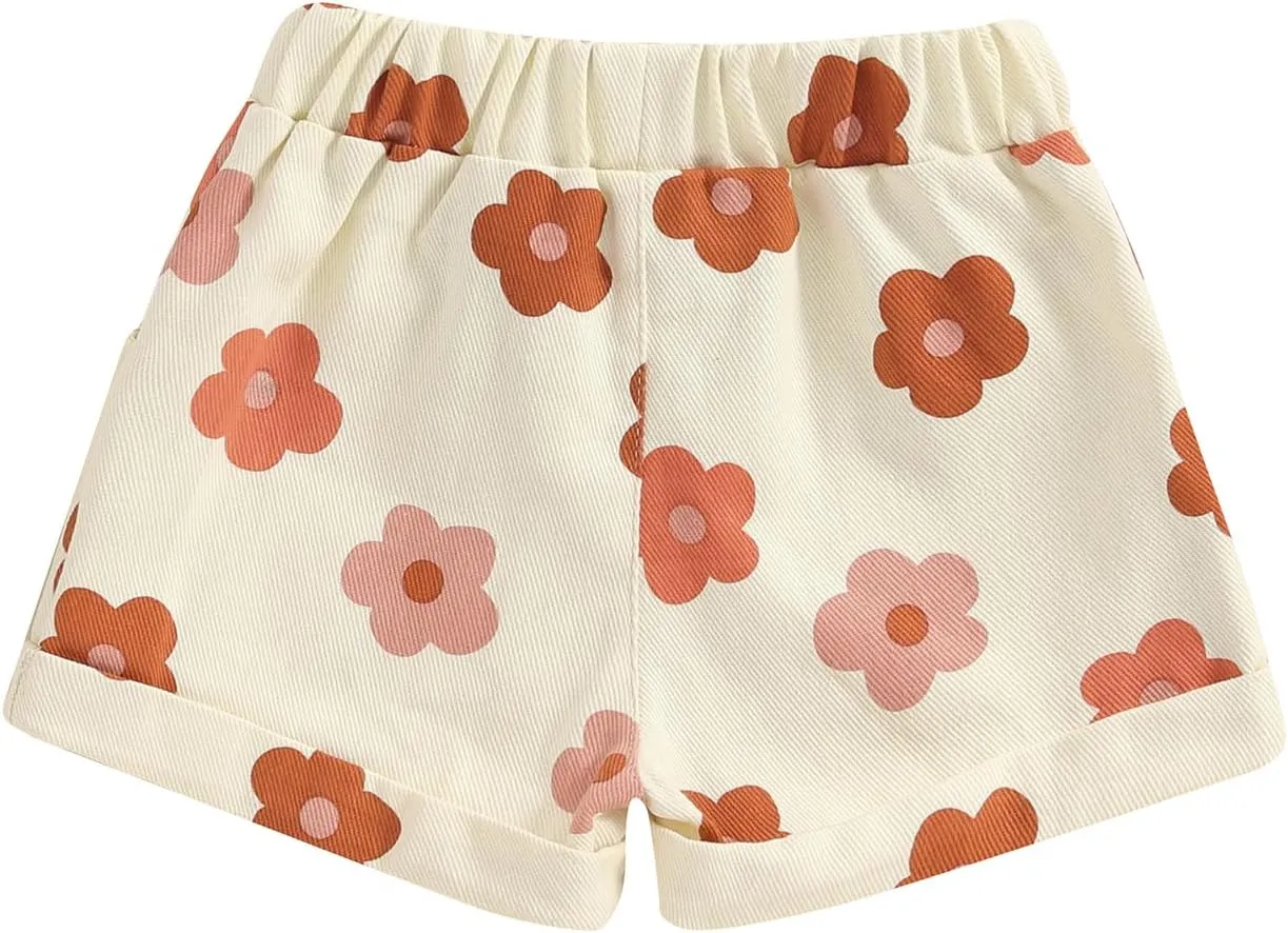 Toddler Baby Girls Floral Shorts Summer Elastic Waist Flower Print Short Jeans Pull On Denim Shorts with Pockets