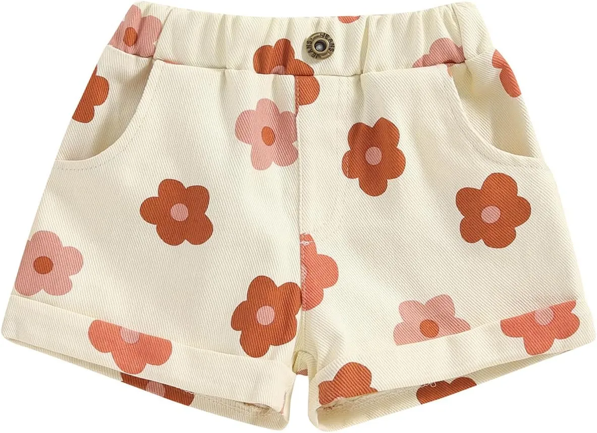 Toddler Baby Girls Floral Shorts Summer Elastic Waist Flower Print Short Jeans Pull On Denim Shorts with Pockets