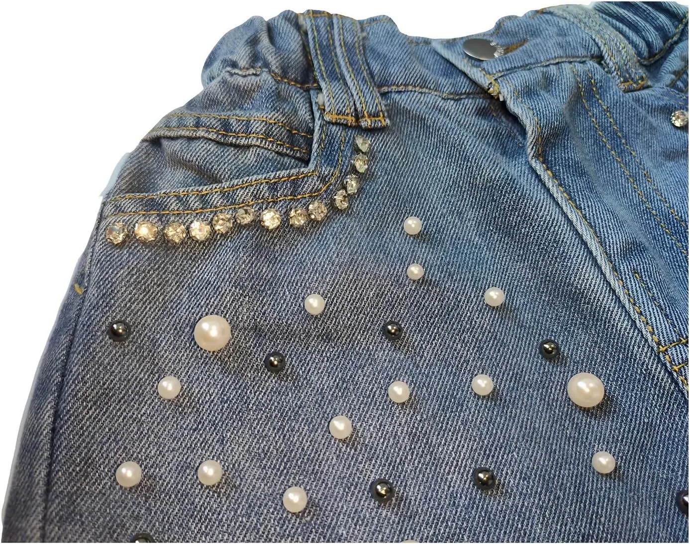 Toddler Girl Pearls Denim Shorts with Bling Rhinestones Frayed Raw Hem Jean Shorts Elastic Waist Short Pants