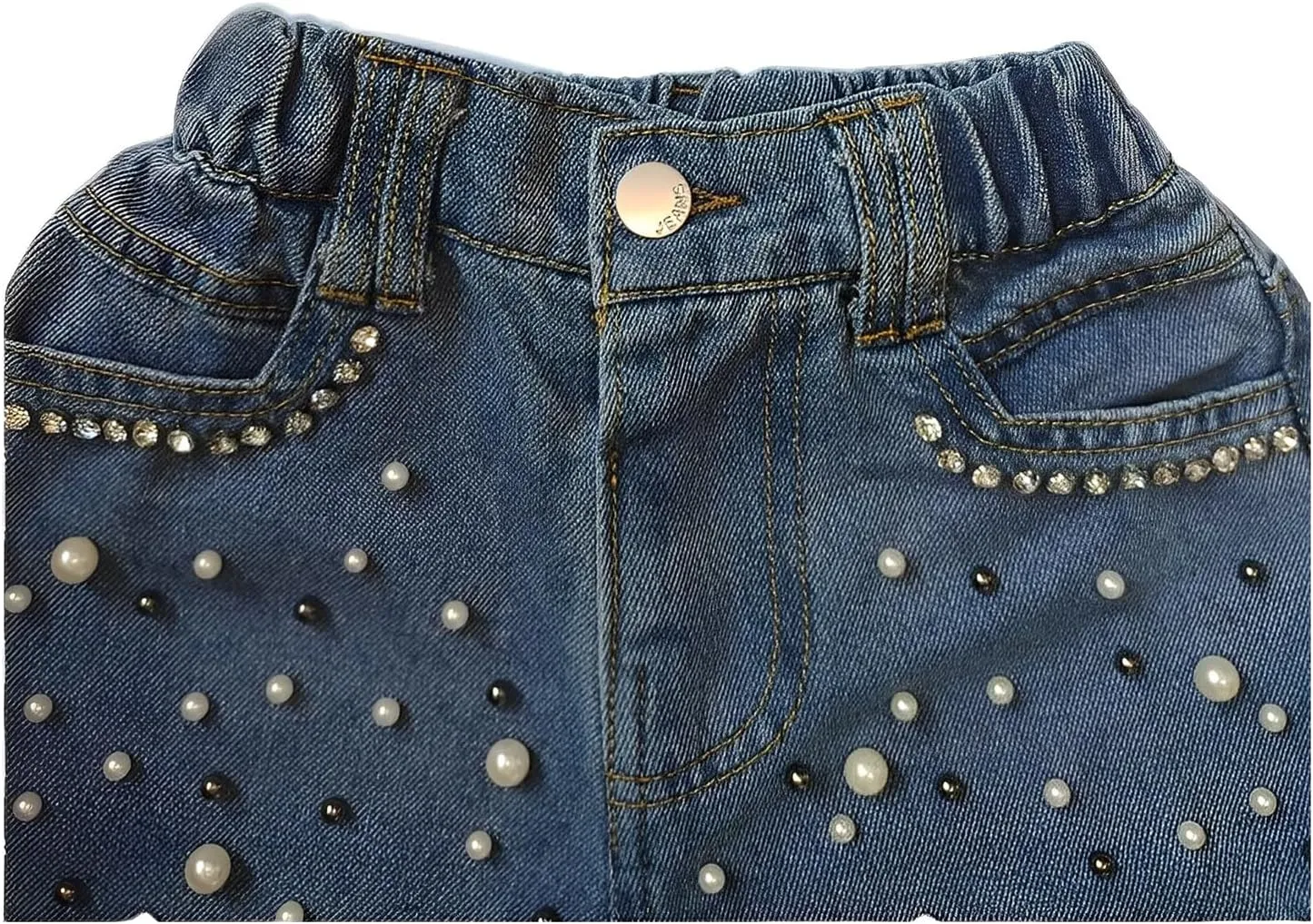 Toddler Girl Pearls Denim Shorts with Bling Rhinestones Frayed Raw Hem Jean Shorts Elastic Waist Short Pants