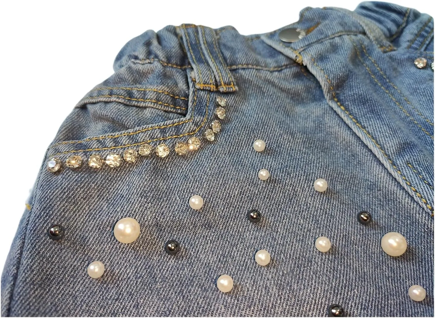 Toddler Girl Pearls Denim Shorts with Bling Rhinestones Frayed Raw Hem Jean Shorts Elastic Waist Short Pants